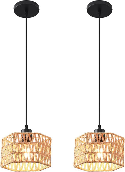 Woven Pendant Light Boho Chandelier, Rattan Pendant Lights Kitchen Island, Farmhouse Pendant Lighting with Hand Woven Wicker Shade, Boho Chandelier Light Fixtures Ceiling Hanging Light