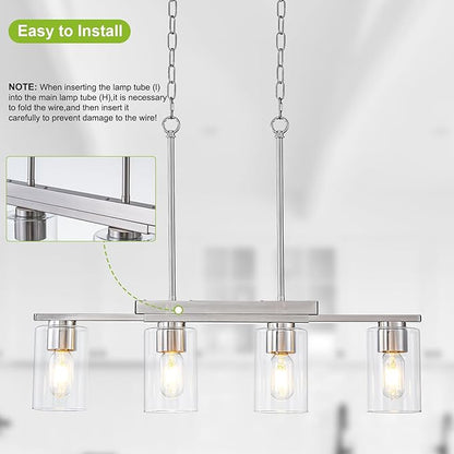 WILON Kitchen Island Lighting, 4 Lights Nickel Sand Linear Chandeliers Modern Farmhouse Chandelier with Glass Shades for Kitchen Island Living Dining Room Foyer Bedroom(Brushed Nickel,4 Lights)