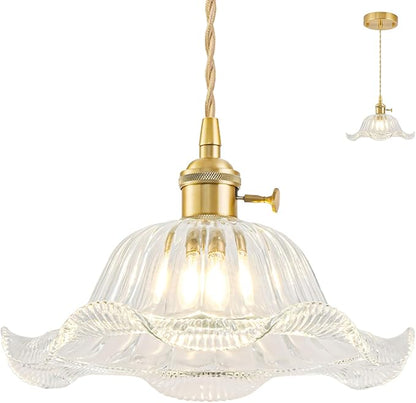 Vintage Pendant Lights Kitchen Island, Adjustable Brass Pendant Light Fixtures with Transparent Lily Glass Lampshade, Gold Kitchen Pendant Lighting Over Island, Pendant Light for Dining Room Hallway