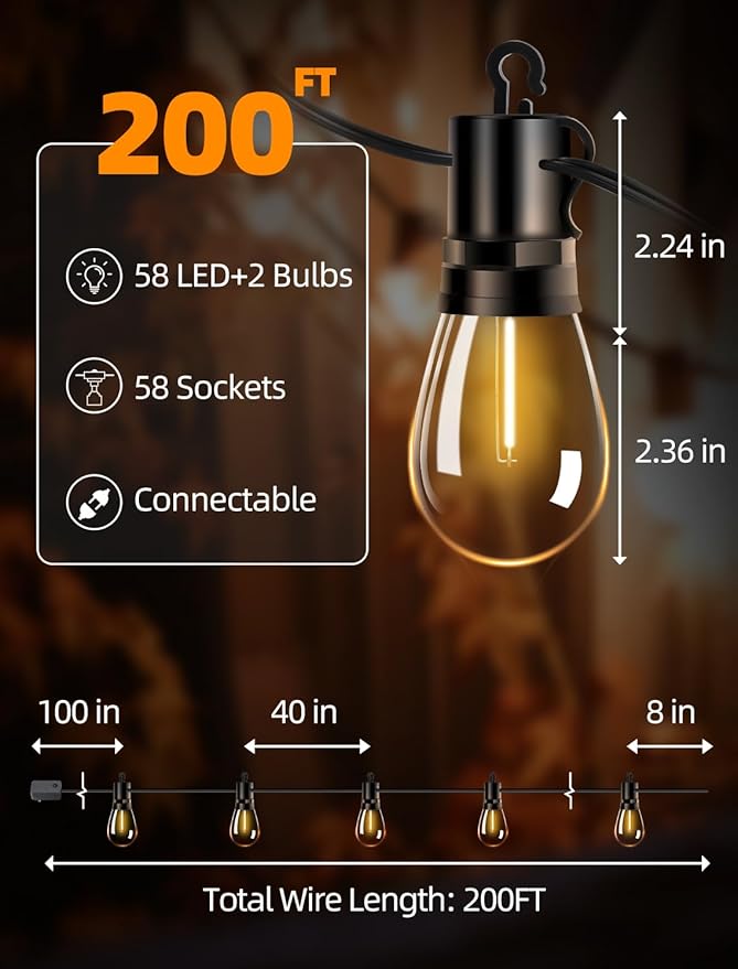 Outdoor Patio String Lights: S14 Shatterproof Bulb Outside Waterproof Light - 200FT 60M Remote Dimmable Connectable Hanging Outdoor Electric Lighting - Garden Backyard Yard Gazebo Porch Party
