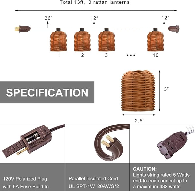 Natural Rattan String Lights, 10 Rustic Raffia Cage, 13 Ft Plug in & Connectable Wicker Lights,Natural Color Rattan