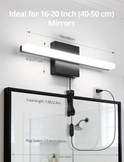Combuh Black Plug in Vanity Light Bar Corded for Bathroom Lighting Fixture No Wiring, 16Inch 5 Colors Adjustable Dimmable Modern Bright Daylight Mirror Lamp for Wall Dressing Room Makeup (with Plug)