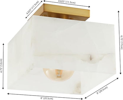 JONATHAN Y 8" White Marbling/Brass Gold Modern 1-Light Semi Flush Mount Ceiling Light for Bedroom, Cube White Alabaster Marble Shade, Mid-Century Minimalist Fixture, LED Bulb Included (JYL1203A)