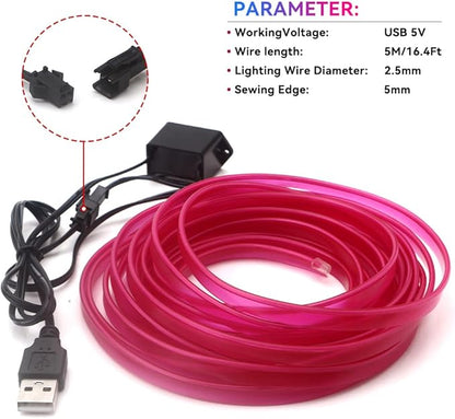 El Wire Lights for Car Interior, Pink Neon 16FT/5M LED Strip Light, USB 5V for Garden Party Decoration