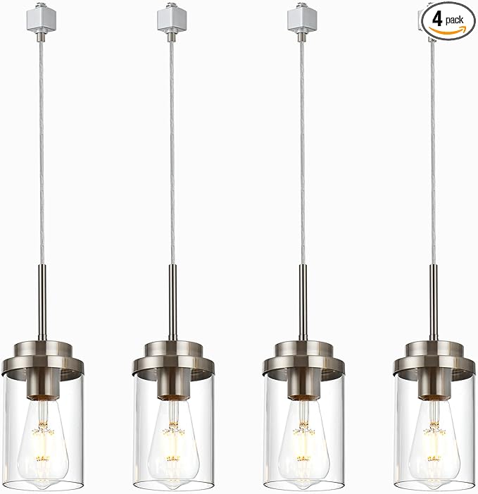 MELUCEE 4 Pack H Track Lighting Pendants Brushed Nickel Ceiling Track Hanging Light Fixtures with Clear Glass Shades, Compatible with H Type Track Lighting Rail, E26 Socket