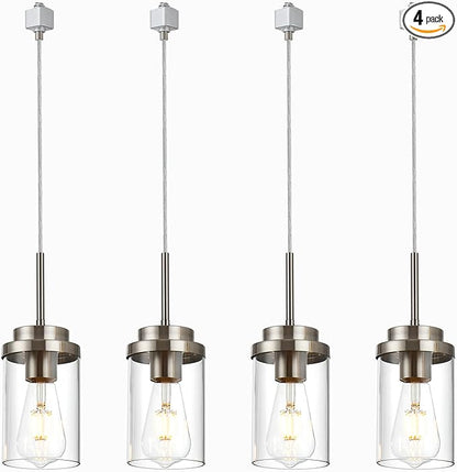 MELUCEE 4 Pack H Track Lighting Pendants Brushed Nickel Ceiling Track Hanging Light Fixtures with Clear Glass Shades, Compatible with H Type Track Lighting Rail, E26 Socket