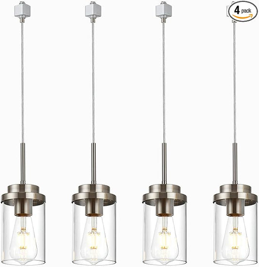 MELUCEE 4 Pack H Track Lighting Pendants Brushed Nickel Ceiling Track Hanging Light Fixtures with Clear Glass Shades, Compatible with H Type Track Lighting Rail, E26 Socket