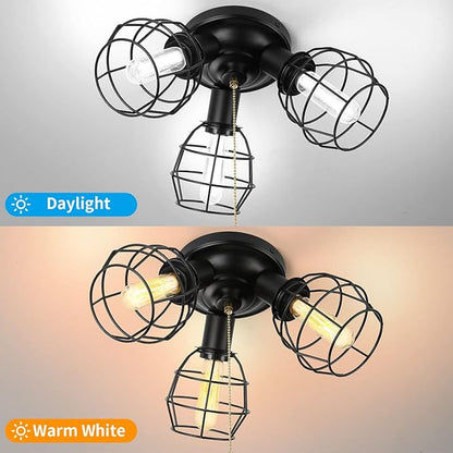 Pull Chain Light Fixture, 3 Light Semi Flush Mount Ceiling Fixture, Vintage Pendant Light Fixture for Porch/Hallway/Kitchen/Bedroom, Bulb Not Included