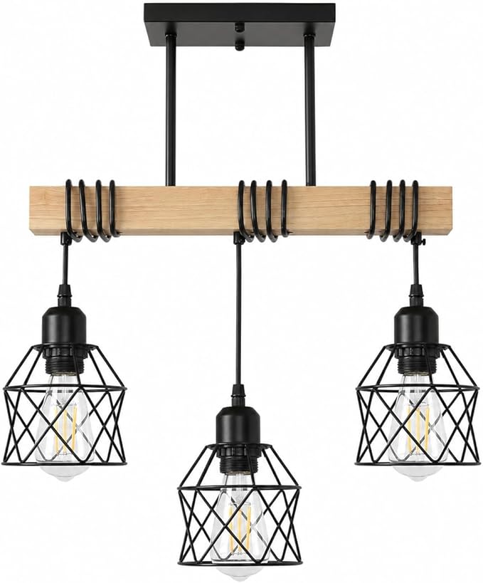 3 Light Farmhouse Ceiling Light,Pendant Light Kitchen Island,Dining Room Chandelier Light Fixture Over Table,Rustic Hanging Light for Kithen,Dining Room,Real Wood,Black Metal Cage