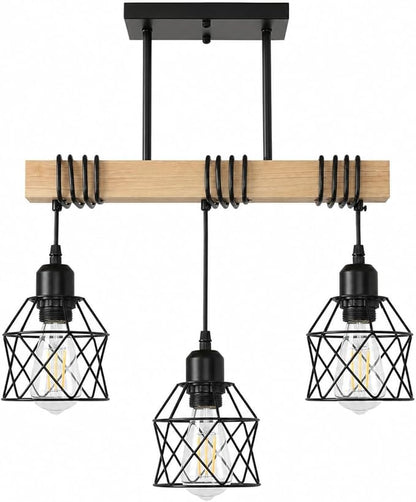 3 Light Farmhouse Ceiling Light,Pendant Light Kitchen Island,Dining Room Chandelier Light Fixture Over Table,Rustic Hanging Light for Kithen,Dining Room,Real Wood,Black Metal Cage