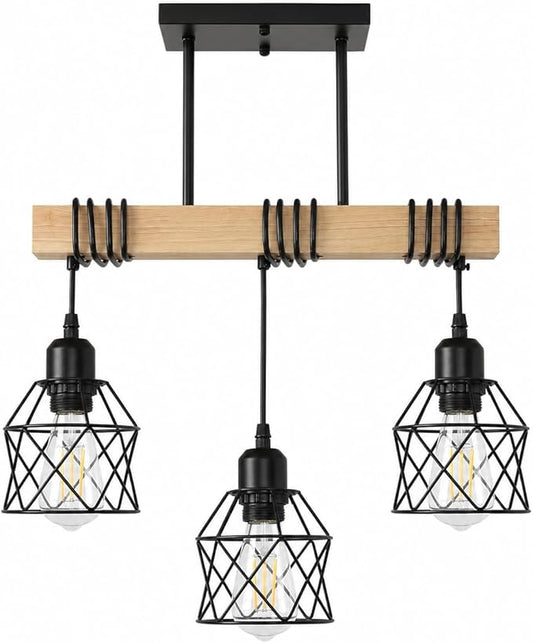 3 Light Farmhouse Ceiling Light,Pendant Light Kitchen Island,Dining Room Chandelier Light Fixture Over Table,Rustic Hanging Light for Kithen,Dining Room,Real Wood,Black Metal Cage