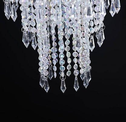 Modern Chrome Beaded Hanging Chandelier (W10.25 x H20”)，3 Tiers Beads Pendant Shade, Ceiling Chandelier Beaded Lampshade with Acrylic Jewel Droplets (Crystal Iridescent)