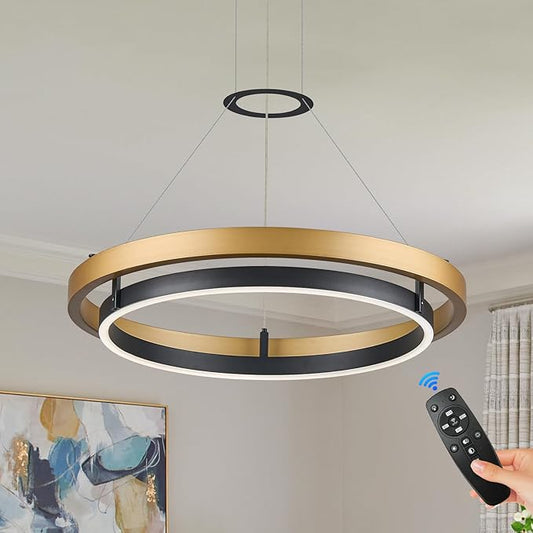 Benkut Modern LED Chandelier Black Gold Dimmable Circular LED Pendant Light with Remote Ring Chandelier Dining Room Light Fixtures for Kitchen Island Living Room Entryway, D23.6in