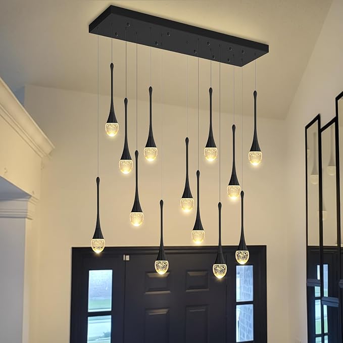 ykolupty Modern Rectangular Chandelier,14 Lights Black Raindrop Chandelier Lighting,Industrial Linear Pendant Ceiling Light Fixture for Dining Living Room Kitchen Island
