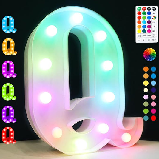 LED Marquee Letter Lights, 18 Colors Changing Light Up Letters with Remote, RGB Alphabet Letters Sign for Girls Boys Gift Birthday Party Night Light Bedroom Wedding Christmas Decor-Colorful Q
