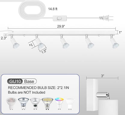 Plug-in Track Lighting, LED Track Lighting Fixtures Ceiling Kit, 30" White Plug in Wall Light with 14.8ft Cord, 3-Light Ceiling Spotlight,Rotatable Kitchen Light Head for Bedroom Hallway(GU10,NO Bulb)
