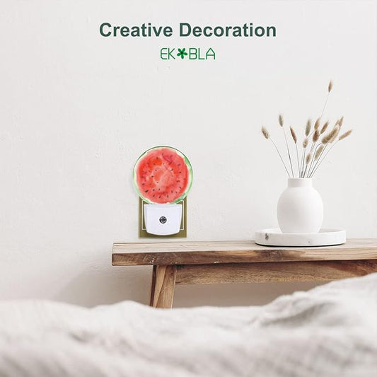 EKOBLA Watermelon Plug-in Night Light, Red Slice Summer Fruit LED Nightlight with Auto Sensor for Funny Home Decor