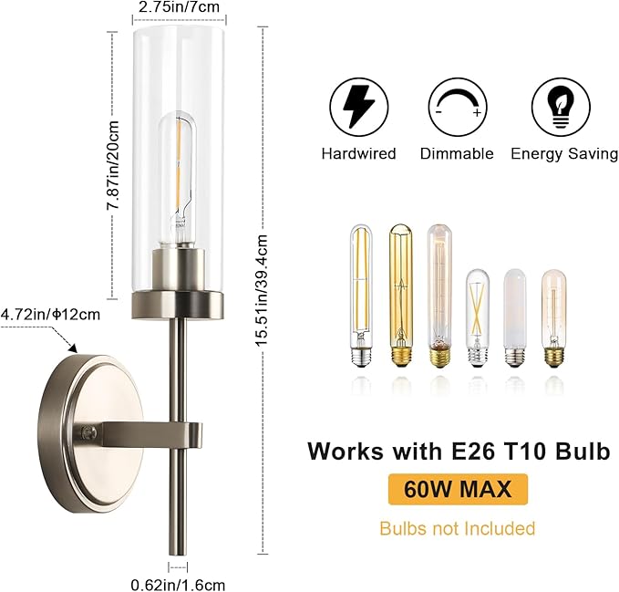 WILON Bathroom Wall Sconces 2 pcs, Vanity Lights for Bathroom, Indoor Wall Light Fixtures with Clear Glass Shades, Wall Lamp for Mirror Bedroom Living Room Bedside Hallway, Nickel