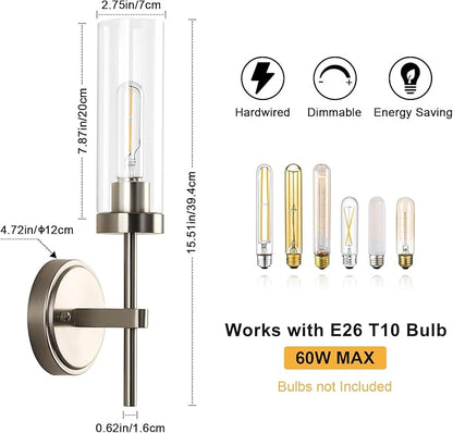 WILON Bathroom Wall Sconces 2 pcs, Vanity Lights for Bathroom, Indoor Wall Light Fixtures with Clear Glass Shades, Wall Lamp for Mirror Bedroom Living Room Bedside Hallway, Nickel