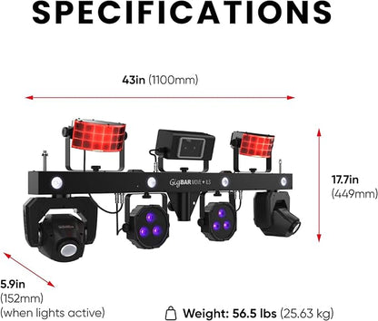 CHAUVET DJ – GigBAR Move + ILS 5-In-1 Lighting System | Moving Heads, Derbies, Washes, Laser & Strobe on One Bar | ILS Compatible | RF Remote, Tripod & Carry Bags Included