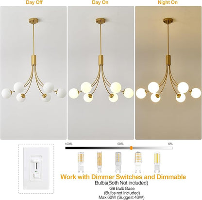 Modern Mid Century Gold Chandeliers, 6-Light Glass Globe Chandeliers Hanging Sputnik Chandelier Light Fixtures for Dining Room Living Room Bedroom Kitchen Island Foyer