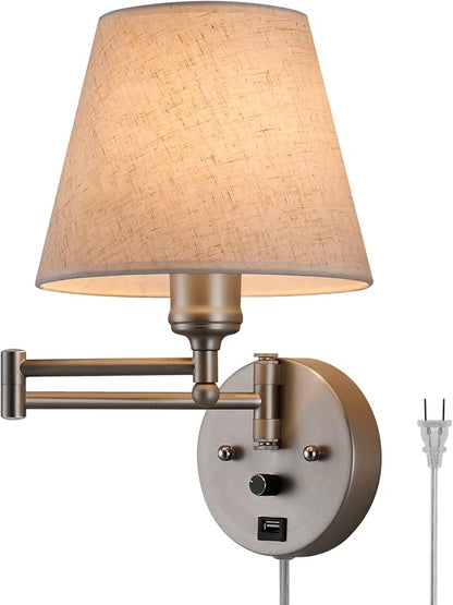 Swing Arm Wall Lamp Wall Mount Lamp with Cord Plug in Wall Sconce Lighting with Dimmable On Off Switch Wall Light with USB Port Plug in Wall Lamp for Bedroom Reading Satin Nickel Finish