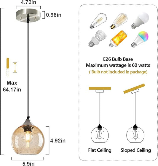 Light Brown Glass Pendant Lights Kitchen Island Globe Pendant Light Fixtures Modern Pendant Lighting for Bedroom Living Dining Room Light Fixture (5.9 in, 1 Pack)