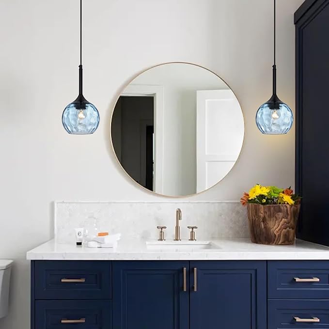Glass Pendant Lights Kitchen Island: 5.91'' 2-Pack 1-Light Blue Hammered Glass Pendant Light with Black Finish - Modern Minimalist Hanging Light Fixture for Kitchen Sink Dining Room Bedroom