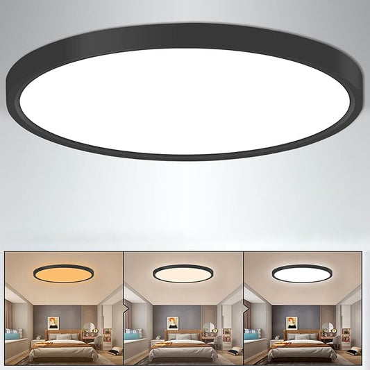 Flush Mount Ceiling Light, 12 Inch Round Black Modern LED Ceiling Light, 28W 3000K/4500K/6500K Switchable, Bedroom, Kitchen, Living Room, Dining Room