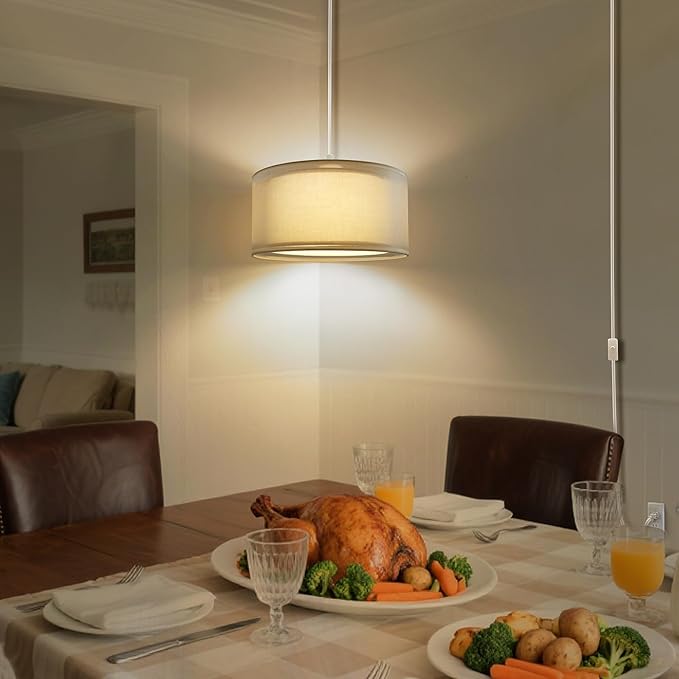 Plug in Pendant Light, 15FT White Cord Hanging Lights with Plug in Cord, Hanging Light with On/Off Switch, Double Linen Shade Fabric Design, Pendant Llight Fixture for Bedroom Restaurant Beige
