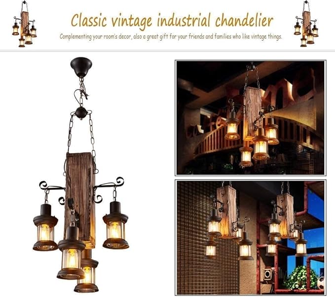 Wood Retro Pendant Lighting Industrial Vintage Chandelier Black Metal Bedroom Restaurant Suspension Lamp Cage Frame with Glass Shade House Loft Bar Coffee Decoration Ceiling Lights Fitting, E27