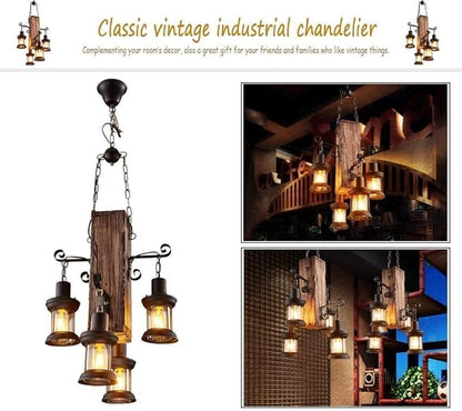 Wood Retro Pendant Lighting Industrial Vintage Chandelier Black Metal Bedroom Restaurant Suspension Lamp Cage Frame with Glass Shade House Loft Bar Coffee Decoration Ceiling Lights Fitting, E27