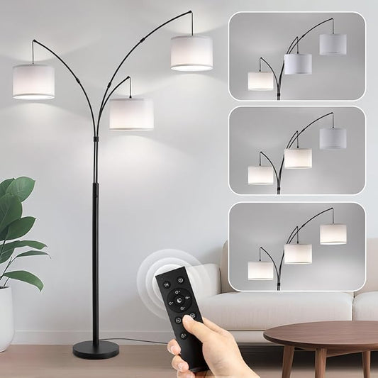 Floor lamp with Remote, 3 Light Arc Floor Lamps for Living Room, 2400LM Tall Standing Floor Lamps with White Shades, 80" Large Floor Lamp for Bedroom, Office