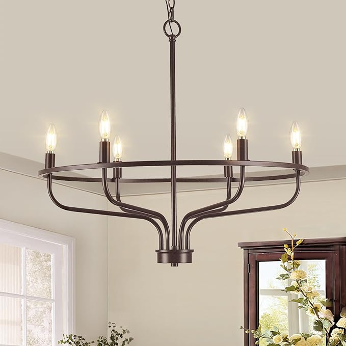 6-Light Farmhouse Oil Rubbed Bronze Chandelier Dining Room Light Fixture Metal Candle Chandeliers for Bedroom Hanging Lighting for Kitchen Living Room Entryway Foyer, 28.54in