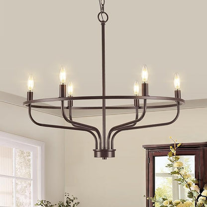 6-Light Farmhouse Oil Rubbed Bronze Chandelier Dining Room Light Fixture Metal Candle Chandeliers for Bedroom Hanging Lighting for Kitchen Living Room Entryway Foyer, 28.54in