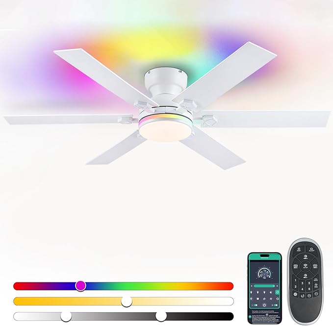 52" RGB Ceiling Fans with Lights and Remote,White Low Profile Ceiling Fans with Quiet Reversible DC Motor, Modern Flush Mount Fans Light for Kids Room Bedroom