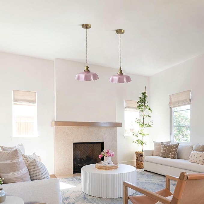 Brass Glass Pendant Lights,Mid Century Pendant Island Light,Vintage Hanging Lights for Dining Room Kitchen Bedroom Outdoor,Color Pink