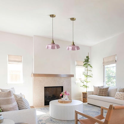 Brass Glass Pendant Lights,Mid Century Pendant Island Light,Vintage Hanging Lights for Dining Room Kitchen Bedroom Outdoor,Color Pink