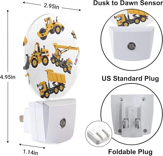 EKOBLA Construction Truck Plug-in Night Light, Excavator & Bulldozer Cartoon LED Nightlight for Teen Boys Bedroom, 0.5W Sleep Friendly