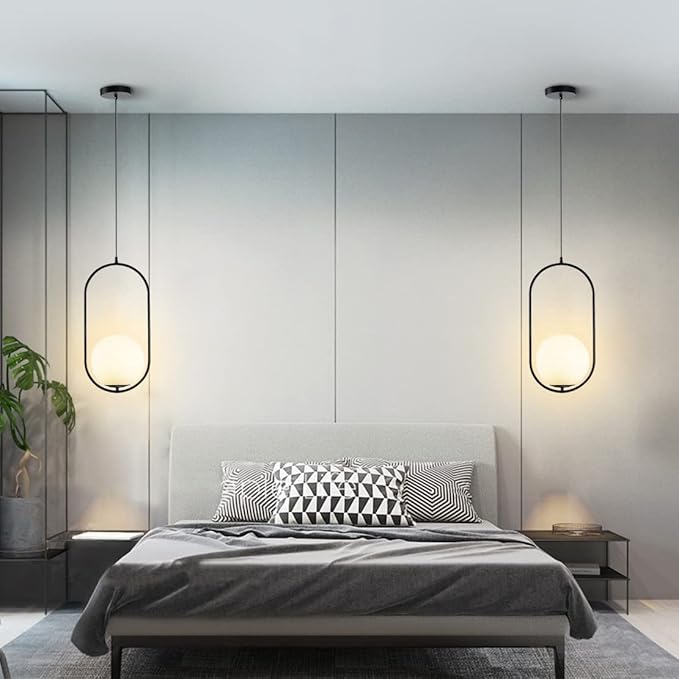 Modern Black Globe Pendant Light Set of 2 Frosted Glass Shade Geometric Hanging Fixture Indoor Adjustable Hanging Pendant Lamp Spherical Lighting for Kitchen Island Bedroom
