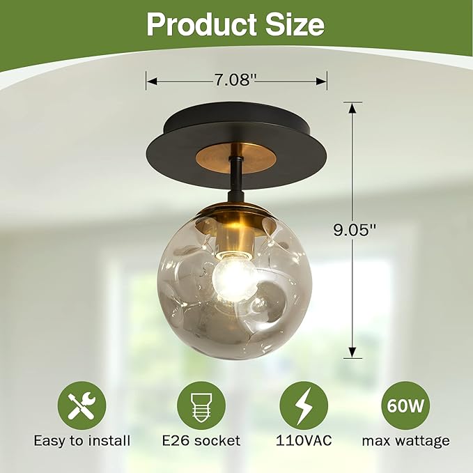 1-Light Mini Glass Globe Ceiling Light,Modern Semi Flush Mount Light Fixture,Black Ceiling Light for Hallway Aisle Porch Stairway Closet.