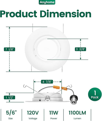 6 Inch Gimbal Led Recessed Lighting Retrofit,4 Retrofit Led Recessed Lighting,5 CCT 2700K-5000K Dimmable 11W 900LM,Compatible with TP24 Connector/E26 Bases,ETL & ES(1 Pack)