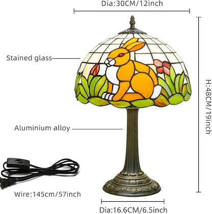 Tiffany Style Lamp with Cat Rabbit Stained Glass Lamp 12 Inch Retro Bronze Base Bedside Lamp Bedroom Living Room, Cafe，Restaurant Art Nouveau Style Decorative Child Interest Ambient Light