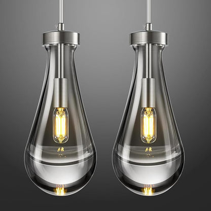 Raindrop Pendant Lights Kitchen Island Teardrop Nickel Hanging Light Fixtures Clear Solid Glass Pendant Light Modern Chandeliers for Dining Room Porch Corridor Living Room(2-Pack)