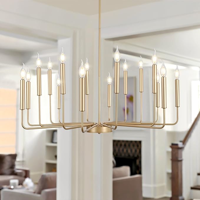 Qamra Modern Farmhouse Gold Chandelier for Dining Room, 16-Light Rustic Candle Chandelier Light Fixture, Industrial Hanging Chandeliers Lighting for Living Room, Kitchen, Staircase, Entryway, Foyer