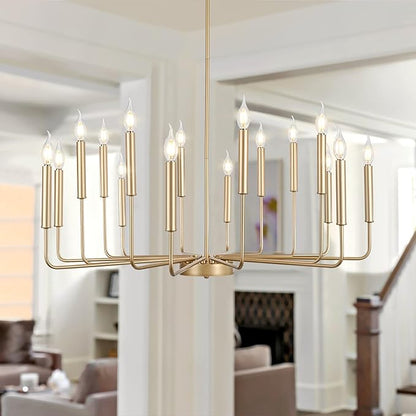 Qamra Modern Farmhouse Gold Chandelier for Dining Room, 16-Light Rustic Candle Chandelier Light Fixture, Industrial Hanging Chandeliers Lighting for Living Room, Kitchen, Staircase, Entryway, Foyer