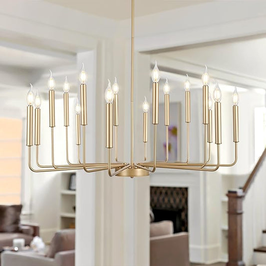 Qamra Modern Farmhouse Gold Chandelier for Dining Room, 16-Light Rustic Candle Chandelier Light Fixture, Industrial Hanging Chandeliers Lighting for Living Room, Kitchen, Staircase, Entryway, Foyer