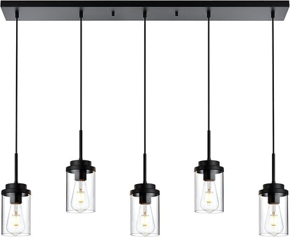 MELUCEE Kitchen Island Lighting Modern 5 Lights Linear Chandeliers for Dining Room, Industrial Black Pendant Light Fixtures Ceiling Hanging with Clear Glass Shade, 37 Inches Length