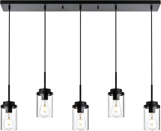MELUCEE Kitchen Island Lighting Modern 5 Lights Linear Chandeliers for Dining Room, Industrial Black Pendant Light Fixtures Ceiling Hanging with Clear Glass Shade, 37 Inches Length