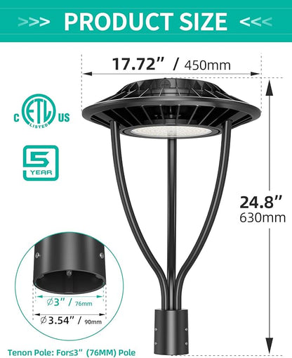 4 Pack LED Post Top Light ETL Listed 60W 48W 36W Adjustable Outdoor Pole Lights with Photocell IP65 Waterproof Post LED Fixture 5000K for Garden Yard Street Lighting